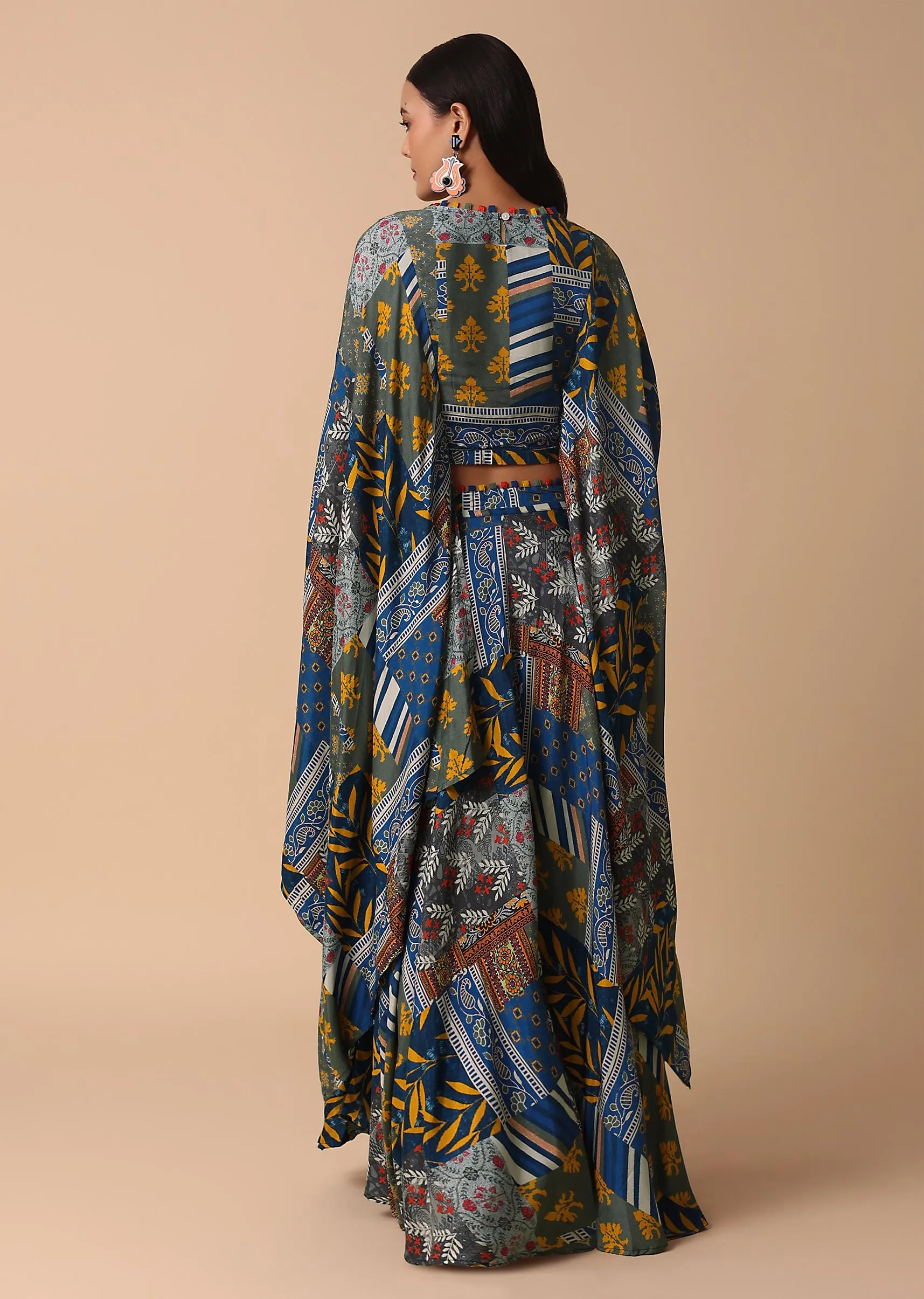 Blue Printed Lehenga With Embroidered Crop Top