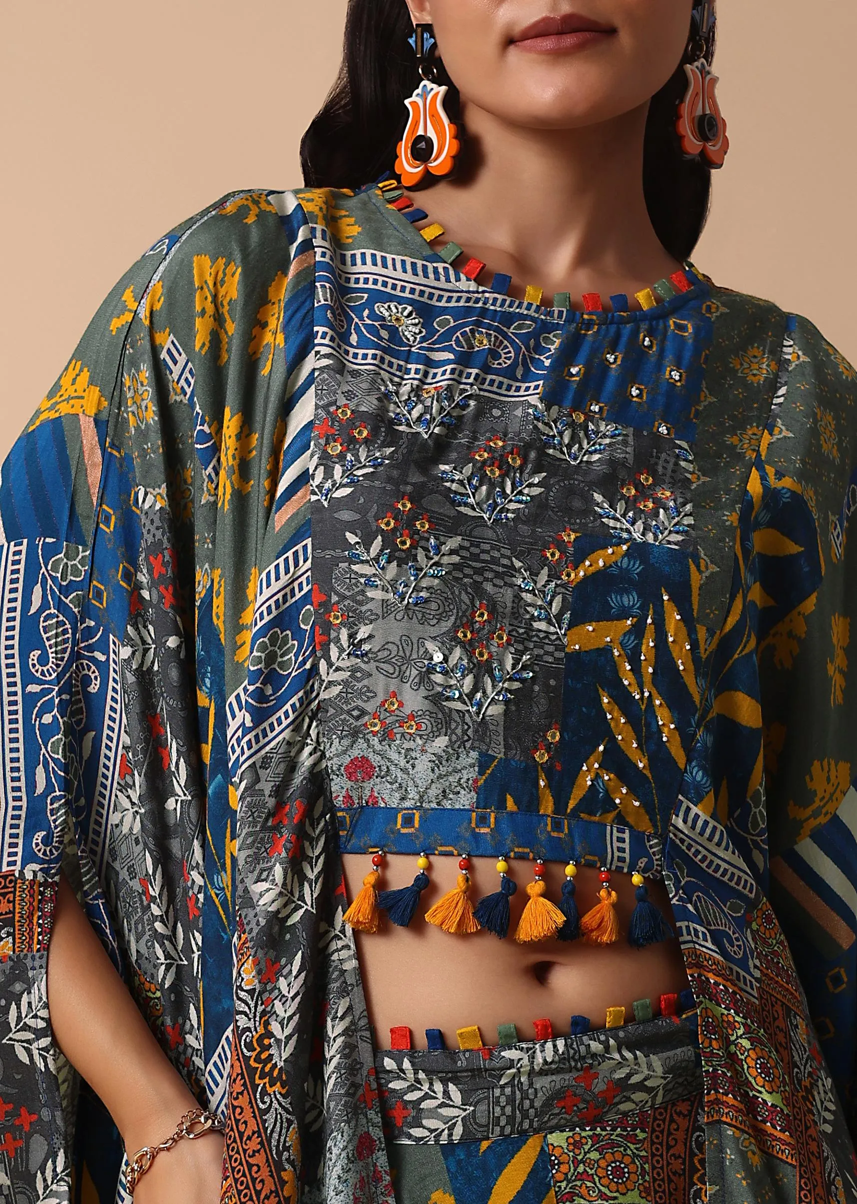 Blue Printed Lehenga With Embroidered Crop Top
