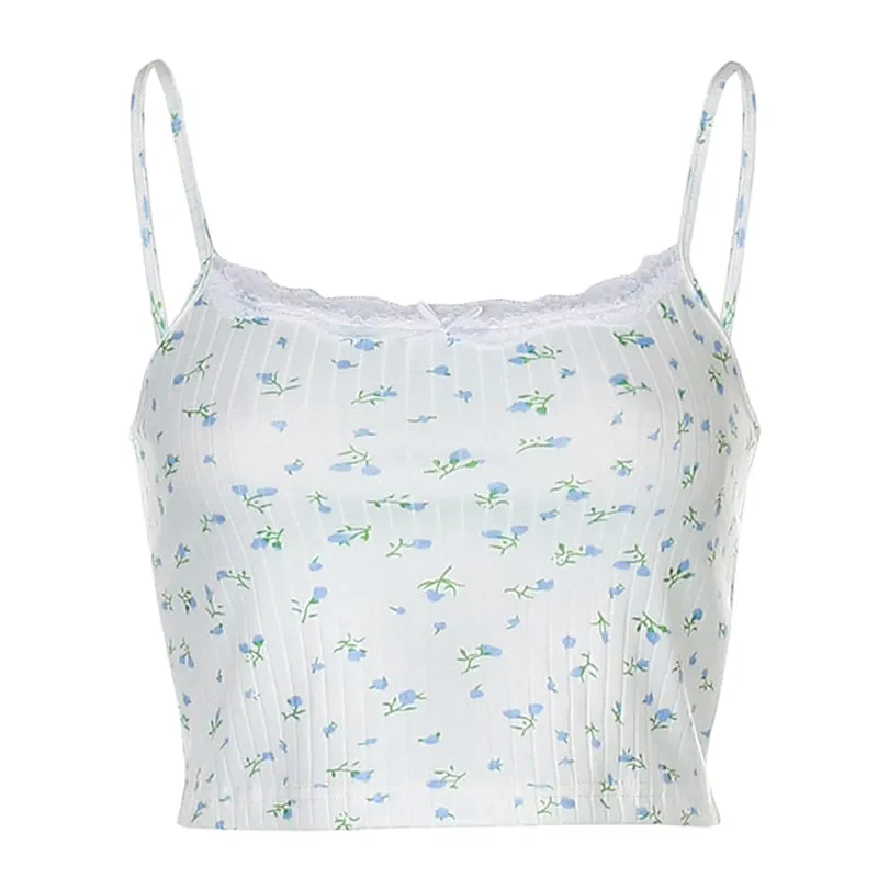 HEYounGIRL Floral Printed Kintted Spaghetti Strap Top Women White Cute Casual Sleeveless Camis Tops Tees Patchwork Lace Crop Top
