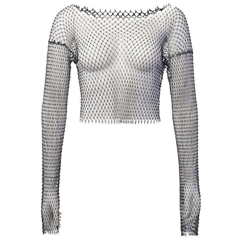 Hulianfu Crystal Diamond See Through Crop Tops Summer Women Hollow Out Beachwear Tops Shiny Sexy Fashion Party Club Top