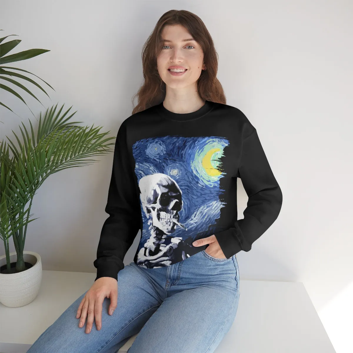 Skull With Burning Cigarette on Starry Night - Van Gogh Tribute | Art Freak Sweatshirt