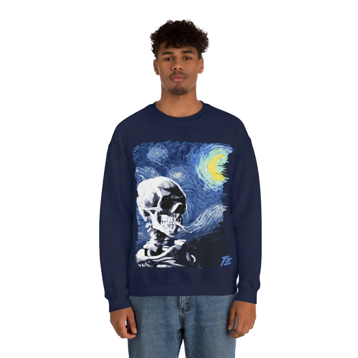 Skull With Burning Cigarette on Starry Night - Van Gogh Tribute | Art Freak Sweatshirt