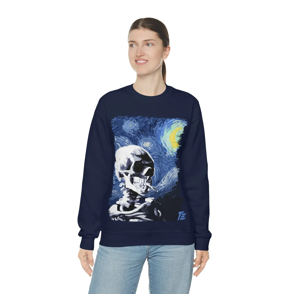 Skull With Burning Cigarette on Starry Night - Van Gogh Tribute | Art Freak Sweatshirt
