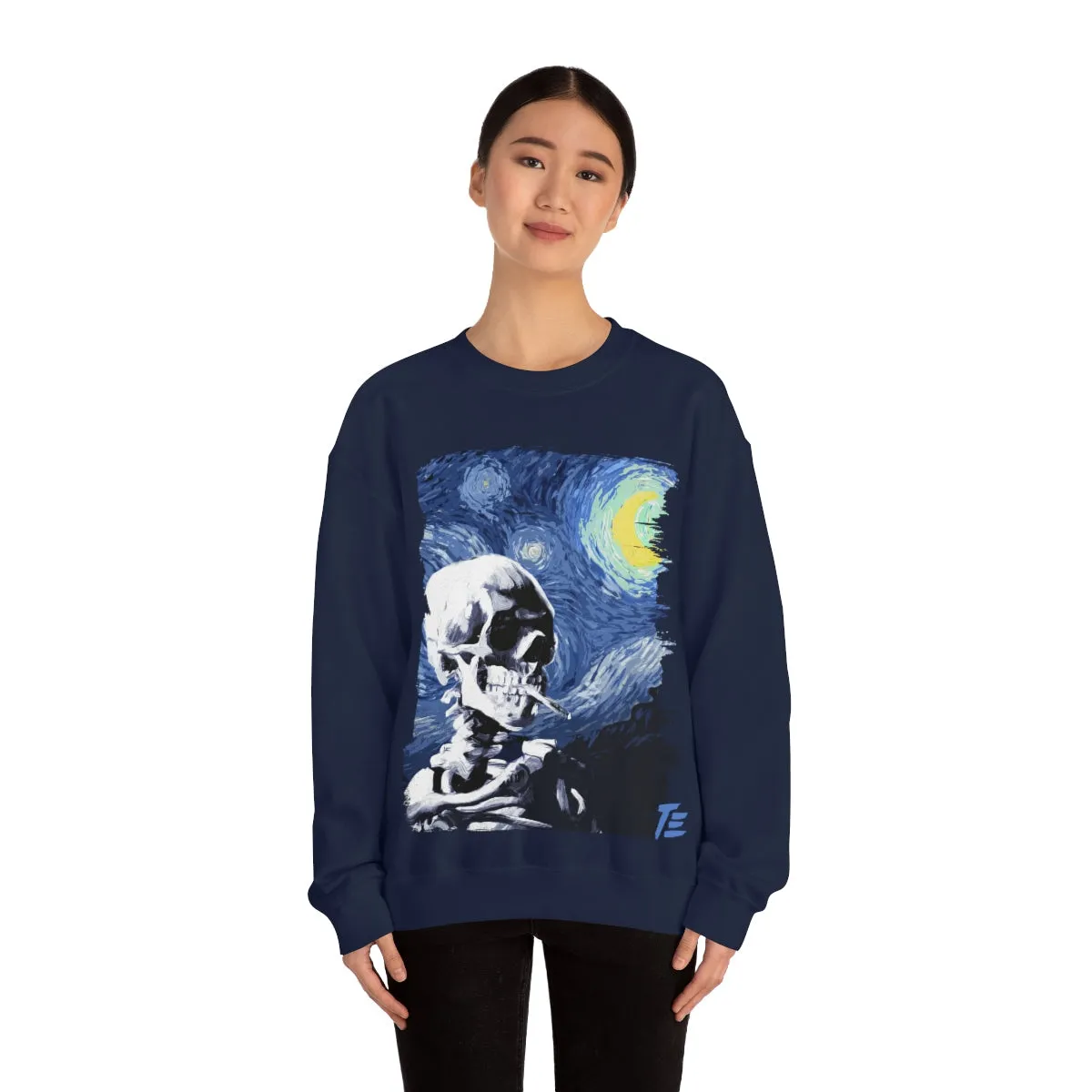 Skull With Burning Cigarette on Starry Night - Van Gogh Tribute | Art Freak Sweatshirt