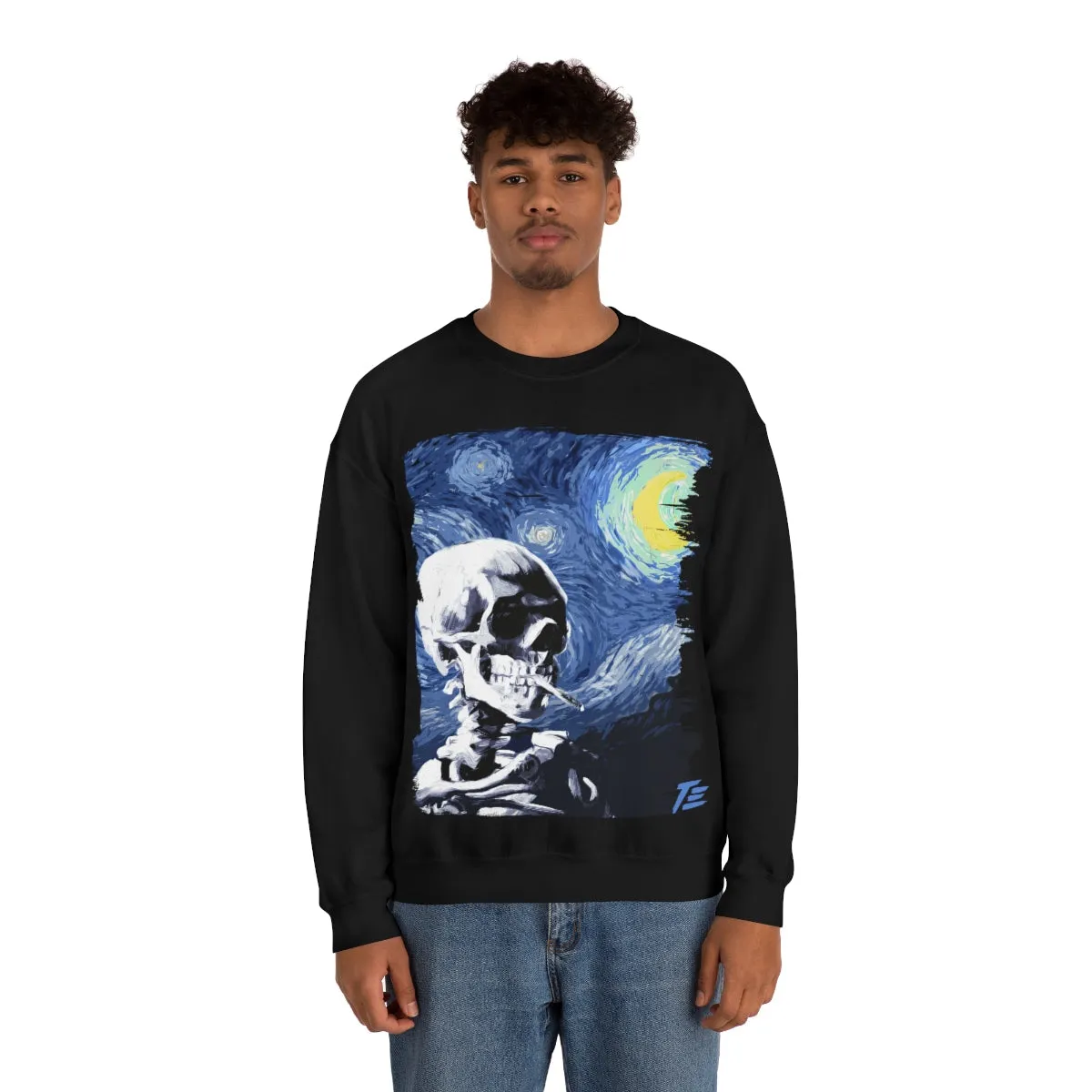 Skull With Burning Cigarette on Starry Night - Van Gogh Tribute | Art Freak Sweatshirt