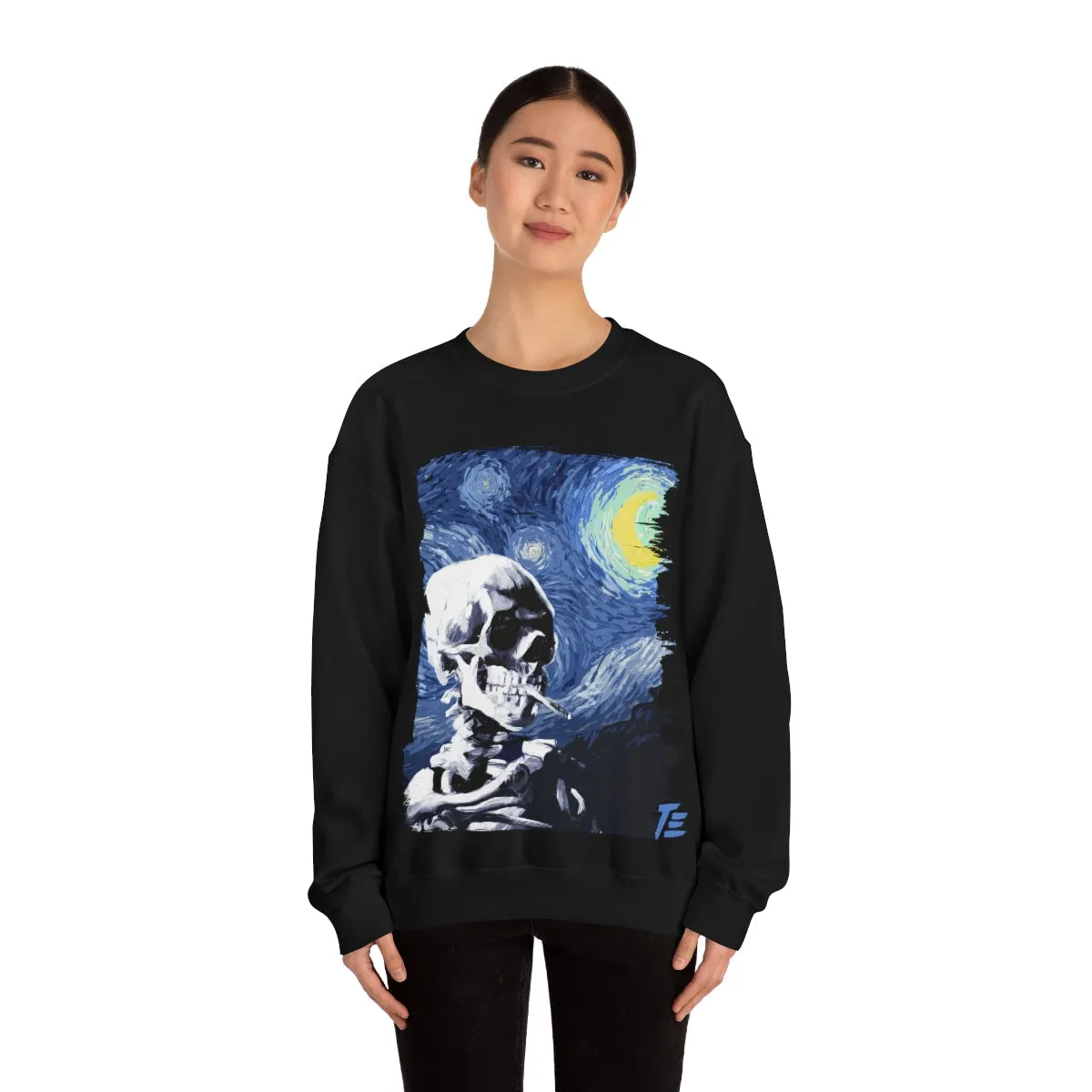 Skull With Burning Cigarette on Starry Night - Van Gogh Tribute | Art Freak Sweatshirt