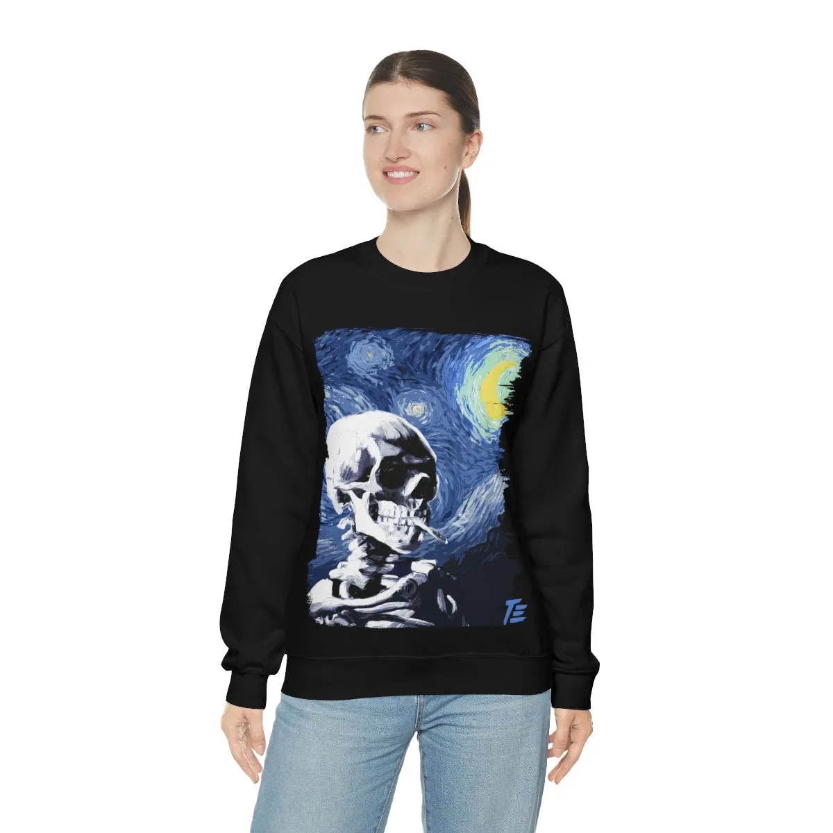 Skull With Burning Cigarette on Starry Night - Van Gogh Tribute | Art Freak Sweatshirt