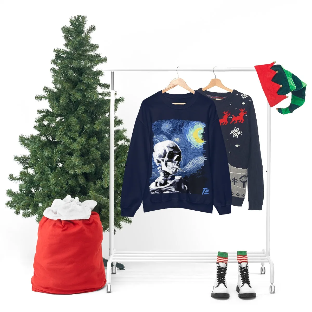 Skull With Burning Cigarette on Starry Night - Van Gogh Tribute | Art Freak Sweatshirt