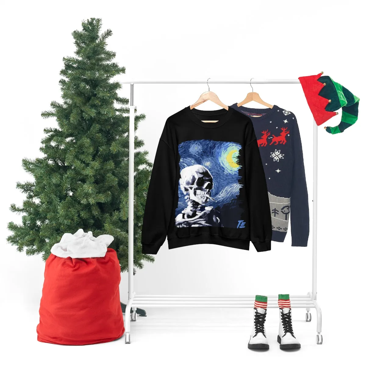 Skull With Burning Cigarette on Starry Night - Van Gogh Tribute | Art Freak Sweatshirt