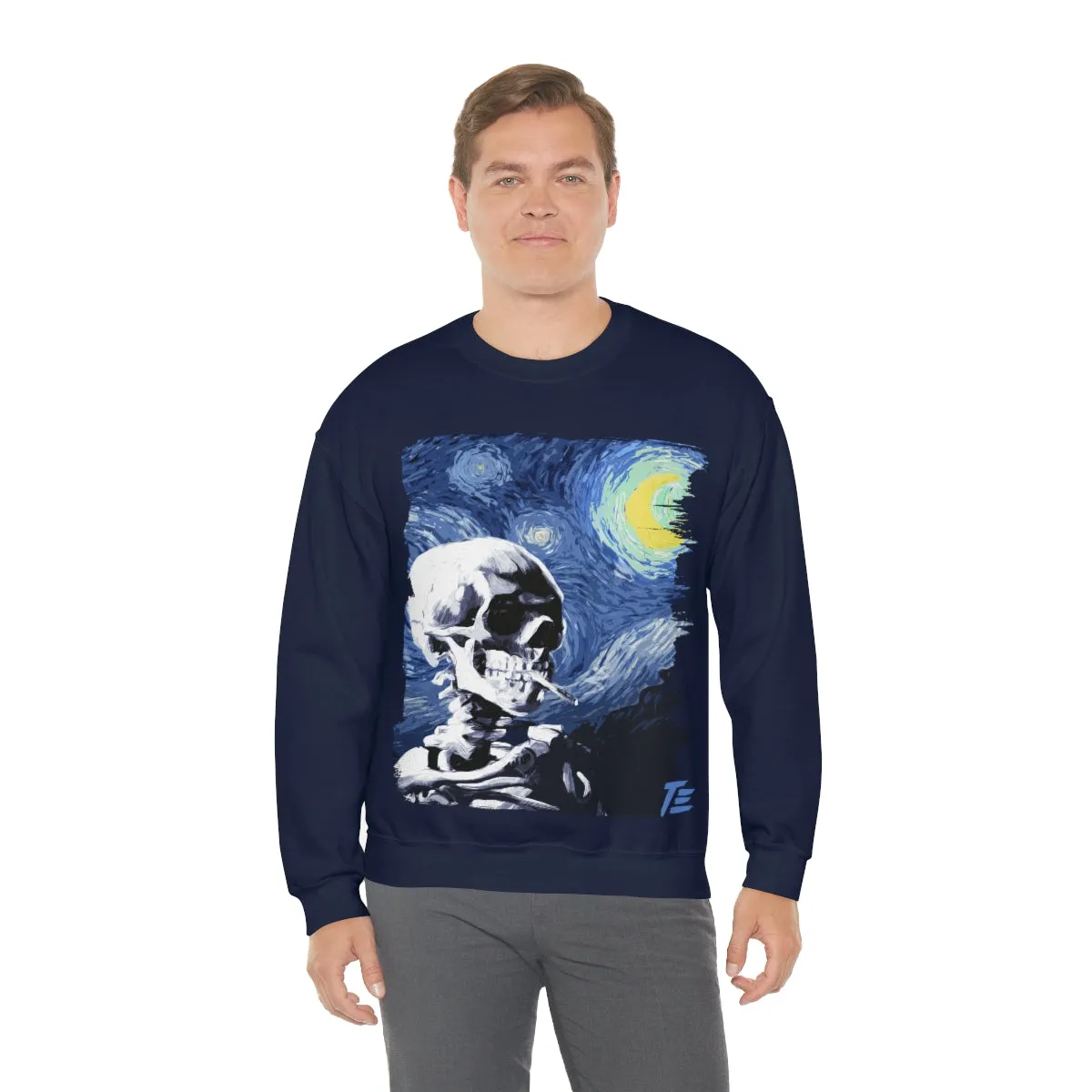 Skull With Burning Cigarette on Starry Night - Van Gogh Tribute | Art Freak Sweatshirt
