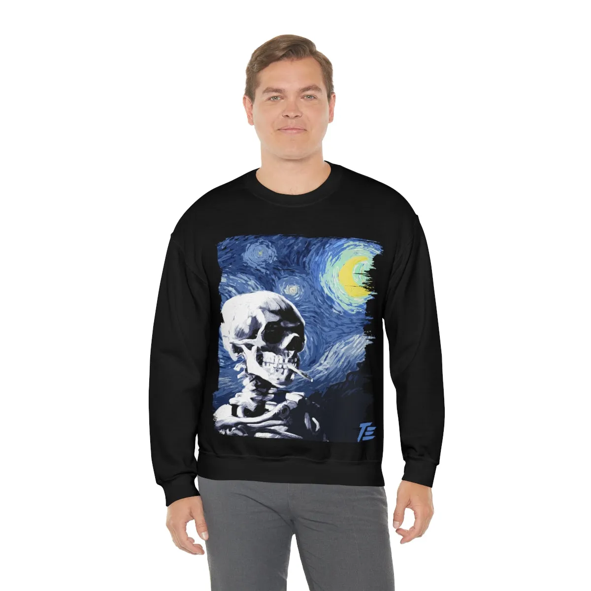 Skull With Burning Cigarette on Starry Night - Van Gogh Tribute | Art Freak Sweatshirt