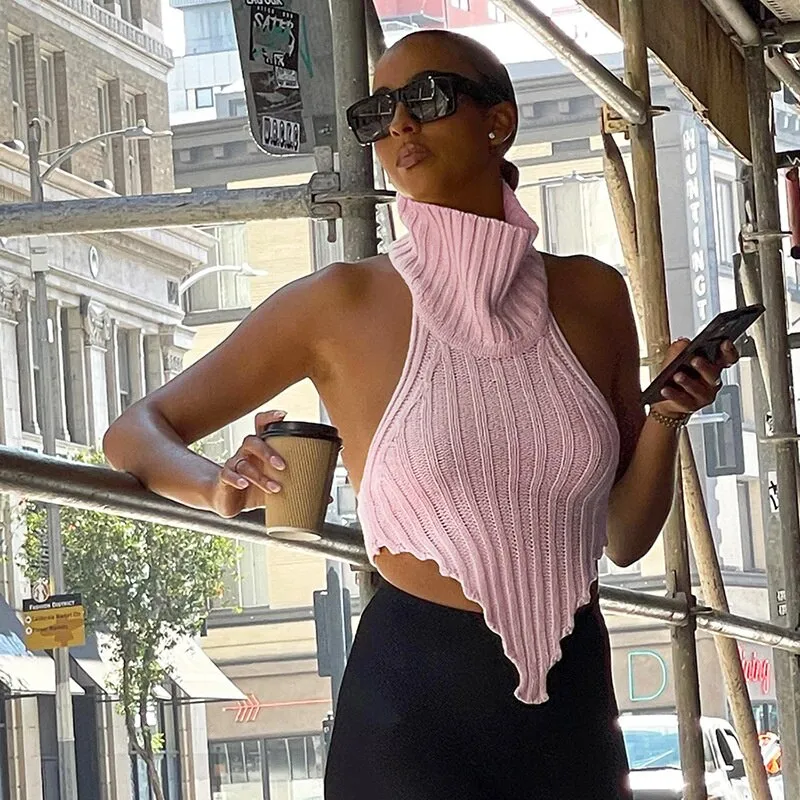 Wjczt 2022 Autumn Tanks Top Women's Clothing Street Fashion Solid Color Halter Irregular Knit Vest Tee Corset Slim Casual Ins