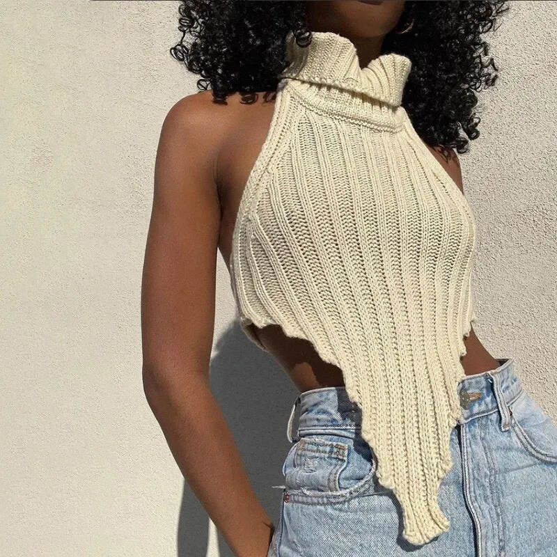 Wjczt 2022 Autumn Tanks Top Women's Clothing Street Fashion Solid Color Halter Irregular Knit Vest Tee Corset Slim Casual Ins