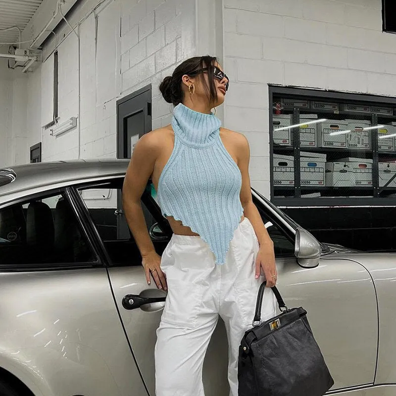 Wjczt 2022 Autumn Tanks Top Women's Clothing Street Fashion Solid Color Halter Irregular Knit Vest Tee Corset Slim Casual Ins