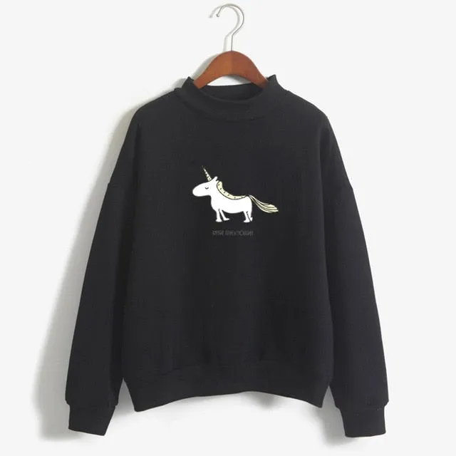 Women Hoodies Female Long Sleeve Fleece Turtleneck Sweatshirt Kpop Autumn Winter Kawaii Unicorn Print Harajuku Casual Pullover