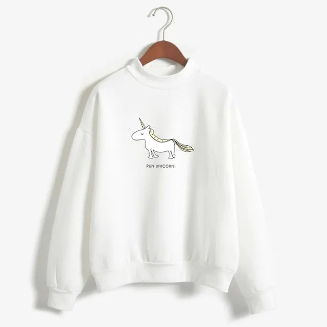 Women Hoodies Female Long Sleeve Fleece Turtleneck Sweatshirt Kpop Autumn Winter Kawaii Unicorn Print Harajuku Casual Pullover